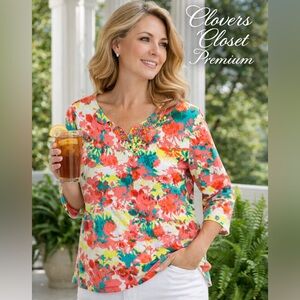 Ruby Rd Floral Embellished V Neck Top XL Lime Coral 3/4 Sleeve